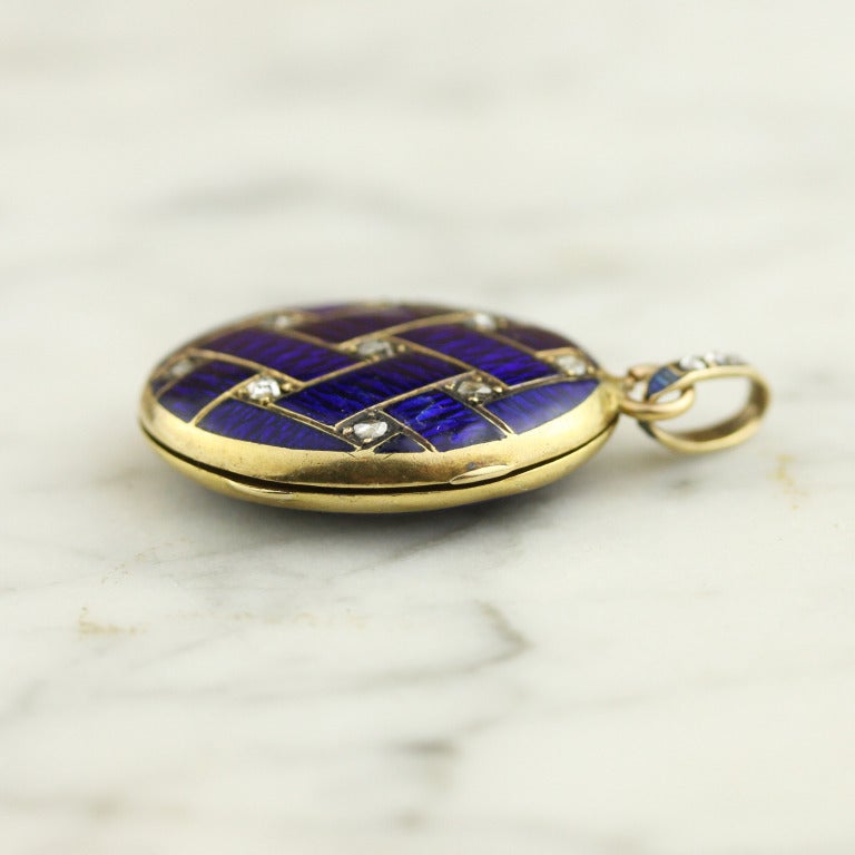 Victorian Enamel Guilloche, Diamond, and Gold Locket In Excellent Condition In Madison area, WI