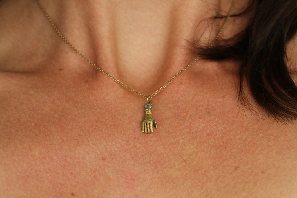 Women's Victorian Turquoise and Gold Hand Pendant and Chain Necklace For Sale