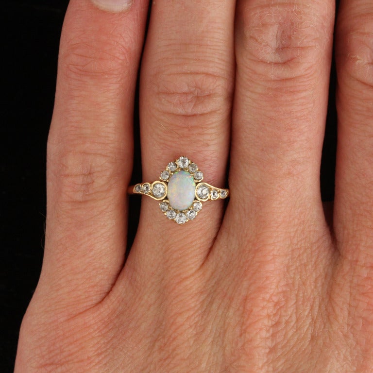 Art Nouveau Opal Diamond Gold Halo Ring 2