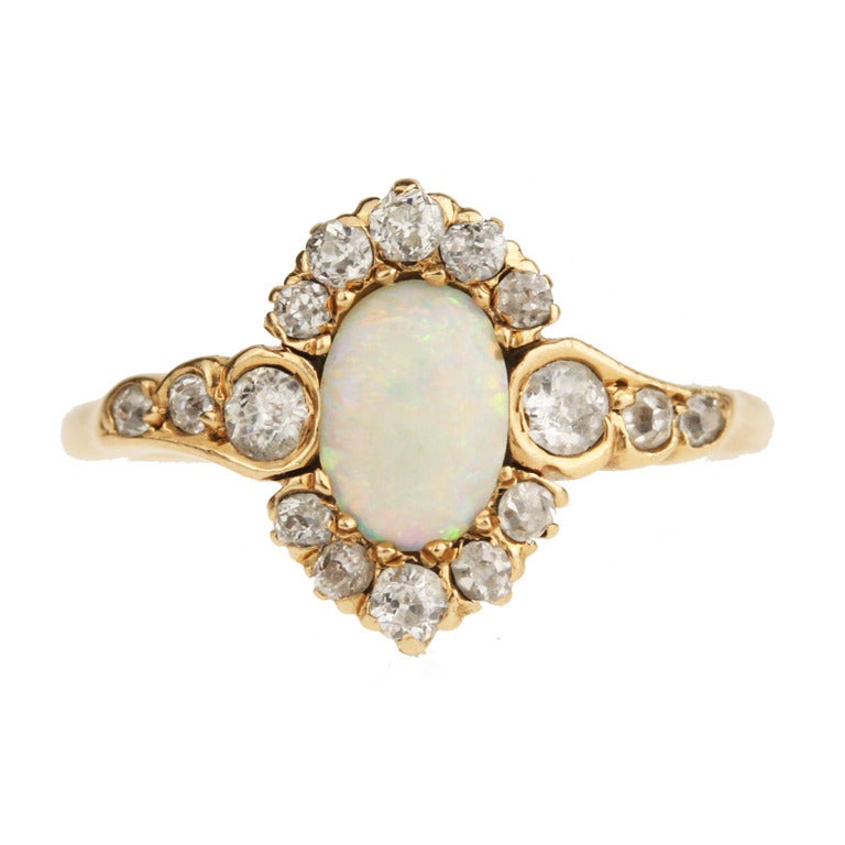 Art Nouveau Opal Diamond Gold Halo Ring