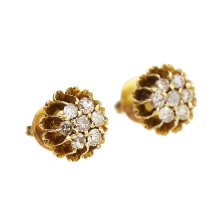 Victorian Diamond Cluster Gold Earrings In Good Condition In Madison area, WI