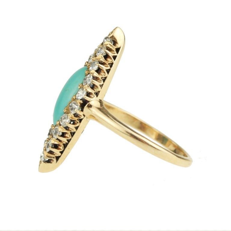 Victorian Turquoise Diamond Gold Navette Halo Ring In Excellent Condition For Sale In Madison area, WI