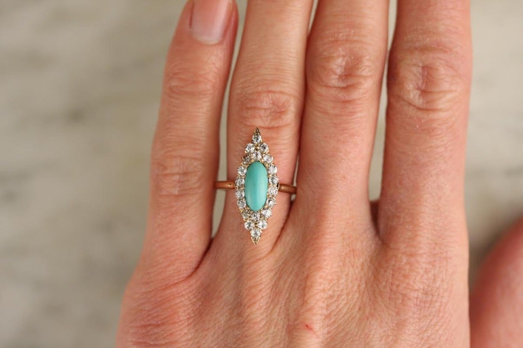 Victorian Turquoise Diamond Gold Navette Halo Ring For Sale 1