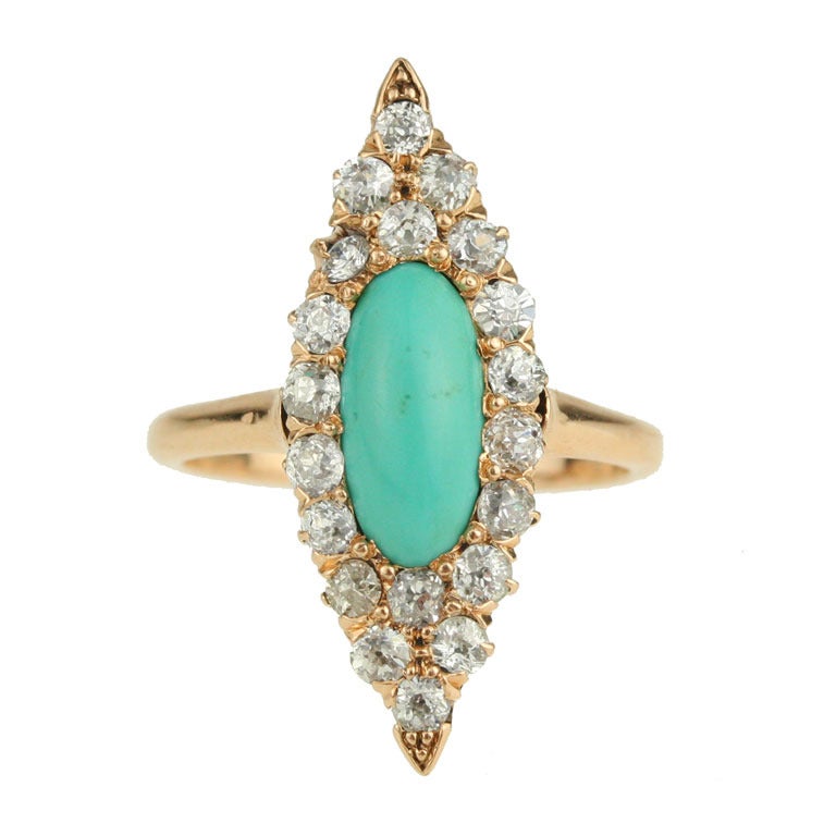 Victorian Turquoise Diamond Gold Navette Halo Ring For Sale