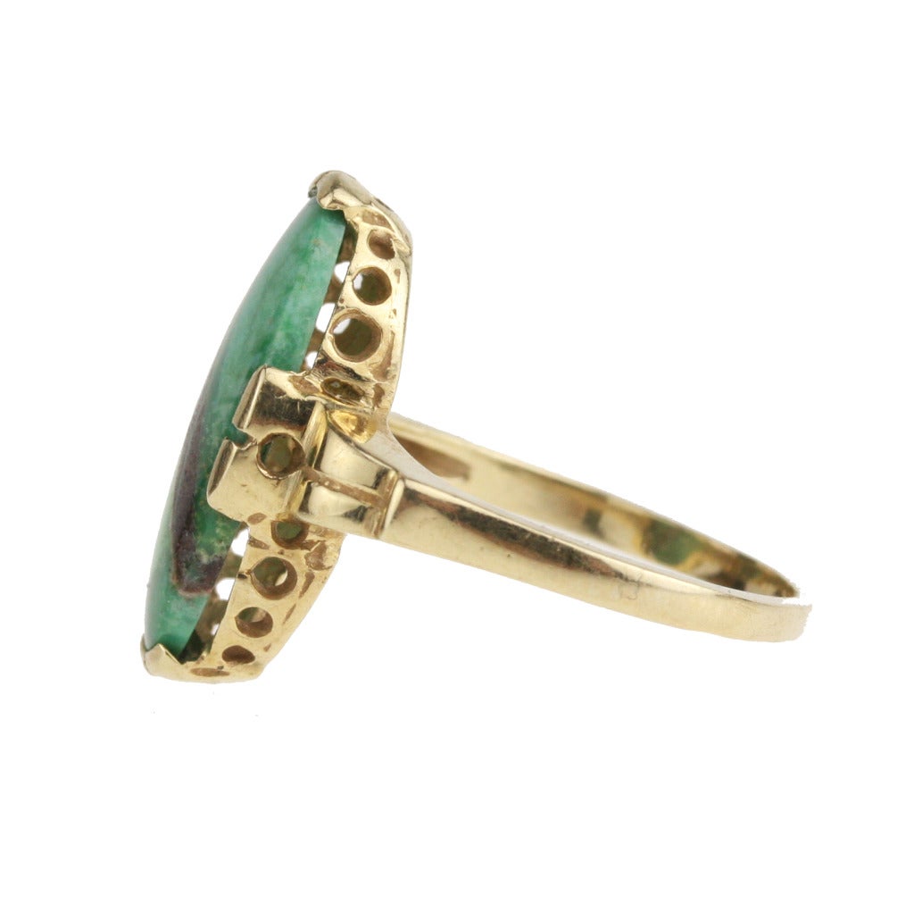 Art Deco Green Turquoise Gold Navette Ring In Excellent Condition In Madison area, WI