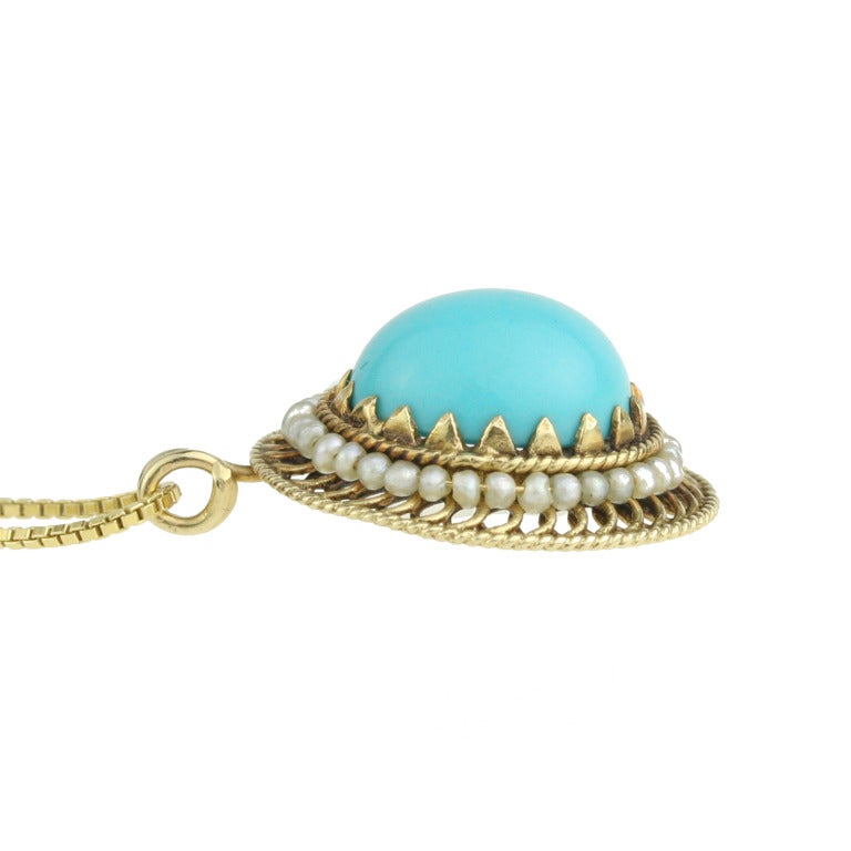 Egyptian Revival Seed Pearl Turquoise Gold Pendant In Excellent Condition For Sale In Madison area, WI