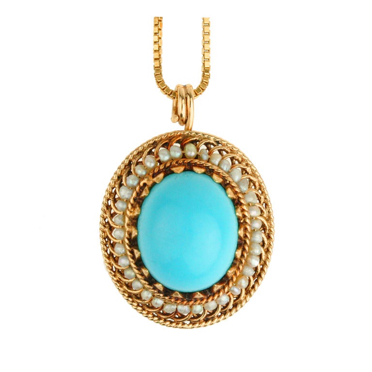 Egyptian Revival Seed Pearl Turquoise Gold Pendant For Sale