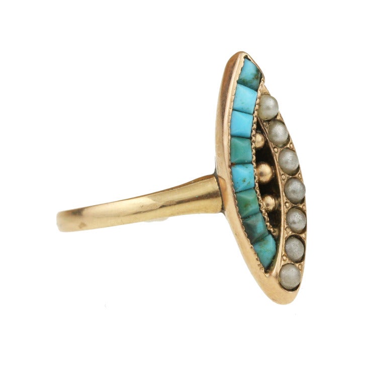 Etruscan Revival Victorian Turquoise Seed Pearl Gold Navette Ring