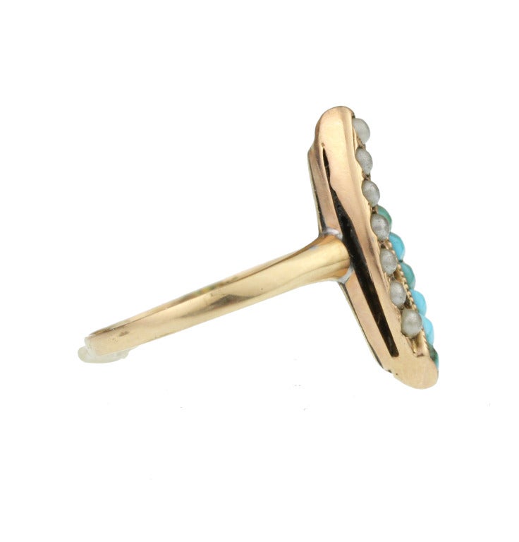 Women's Victorian Turquoise Seed Pearl Gold Navette Ring