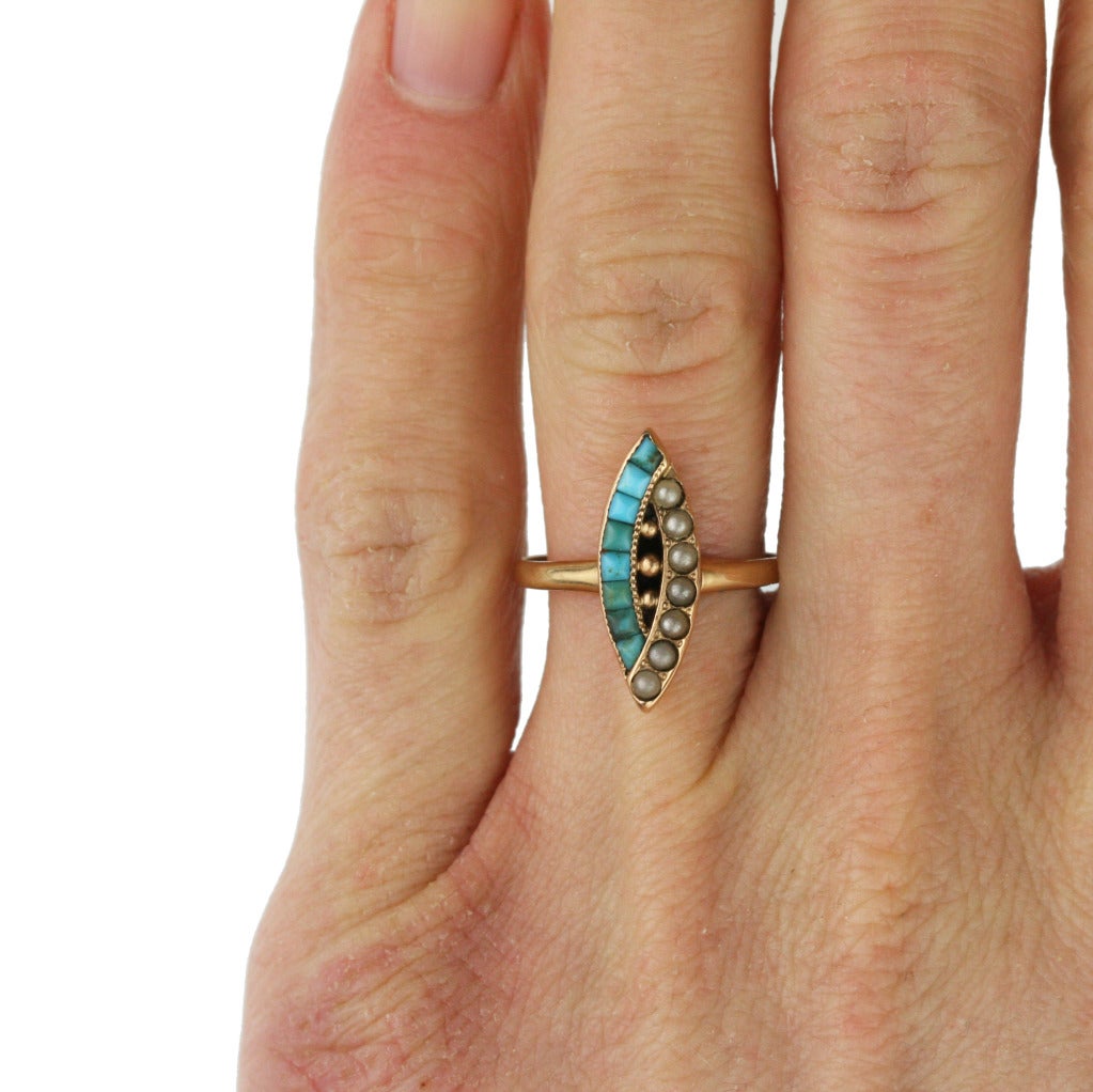 Victorian Turquoise Seed Pearl Gold Navette Ring 2