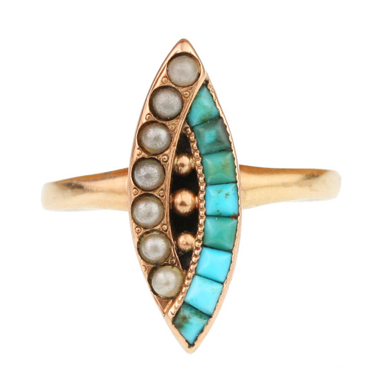 Victorian Turquoise Seed Pearl Gold Navette Ring