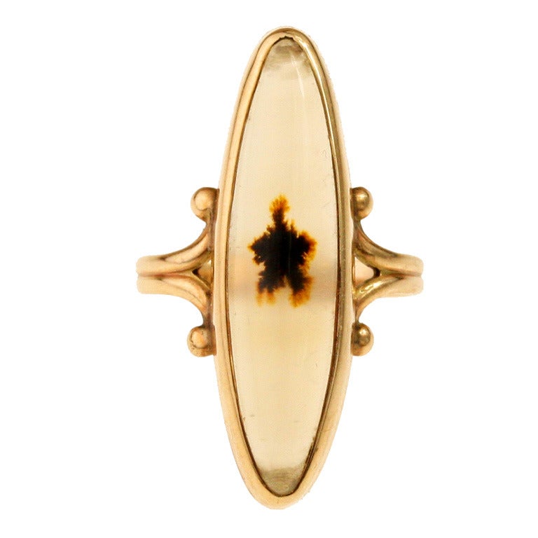 Victorian Moss Agate and Gold Navette Ring For Sale
