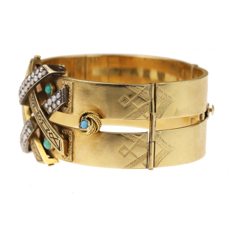 Victorian Gold, Pearl, Turquoise and Black Enamel Cuff Bracelet For Sale 1