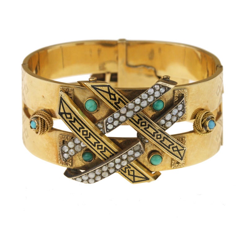 Victorian Gold, Pearl, Turquoise and Black Enamel Cuff Bracelet For Sale 2