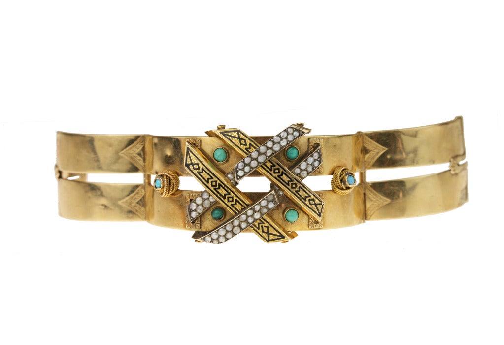 Victorian Gold, Pearl, Turquoise and Black Enamel Cuff Bracelet For Sale 4