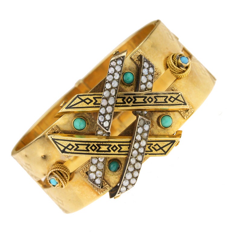 Victorian Gold, Pearl, Turquoise and Black Enamel Cuff Bracelet For Sale