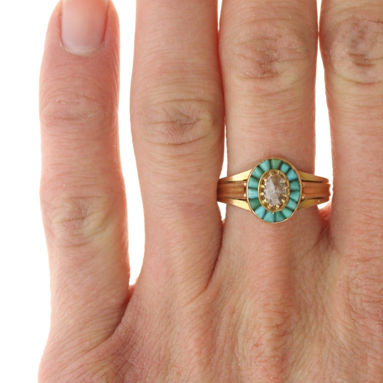 Victorian Gold, Turquoise, and Diamond Halo Ring For Sale 2