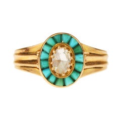 Antique Victorian Gold, Turquoise, and Diamond Halo Ring