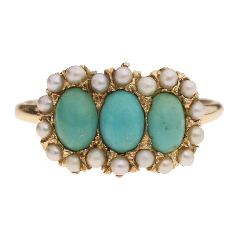 Victorian Turquoise Seed Pearl Gold Ring