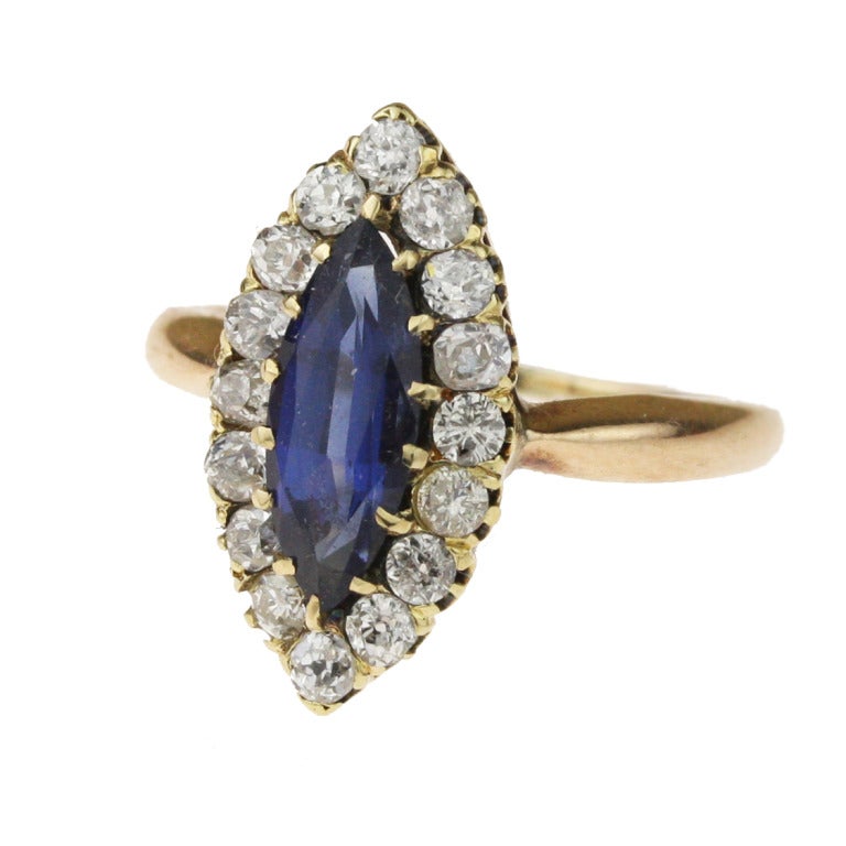 Victorian Sapphire Diamond Gold Halo Ring