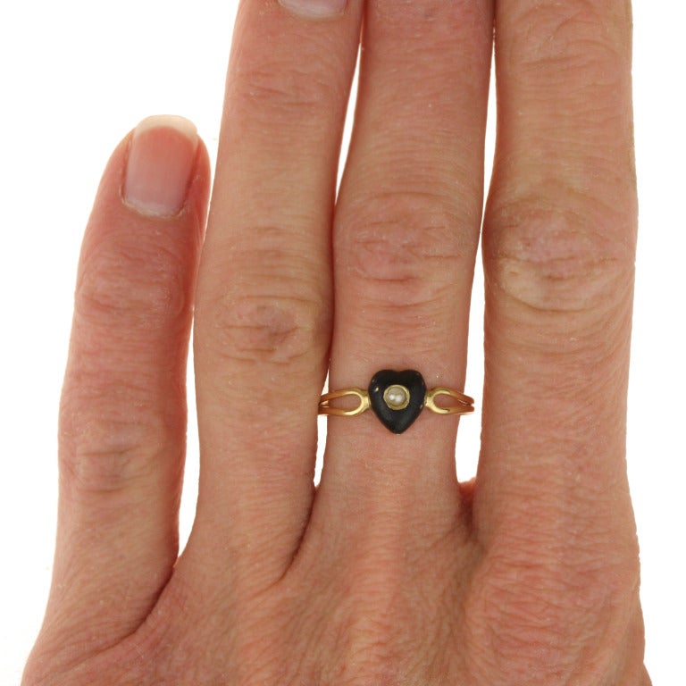 Victorian Black Enamel, Seed Pearl and Gold Mourning Ring For Sale 1
