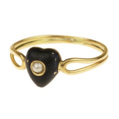 Victorian Black Enamel, Seed Pearl and Gold Mourning Ring