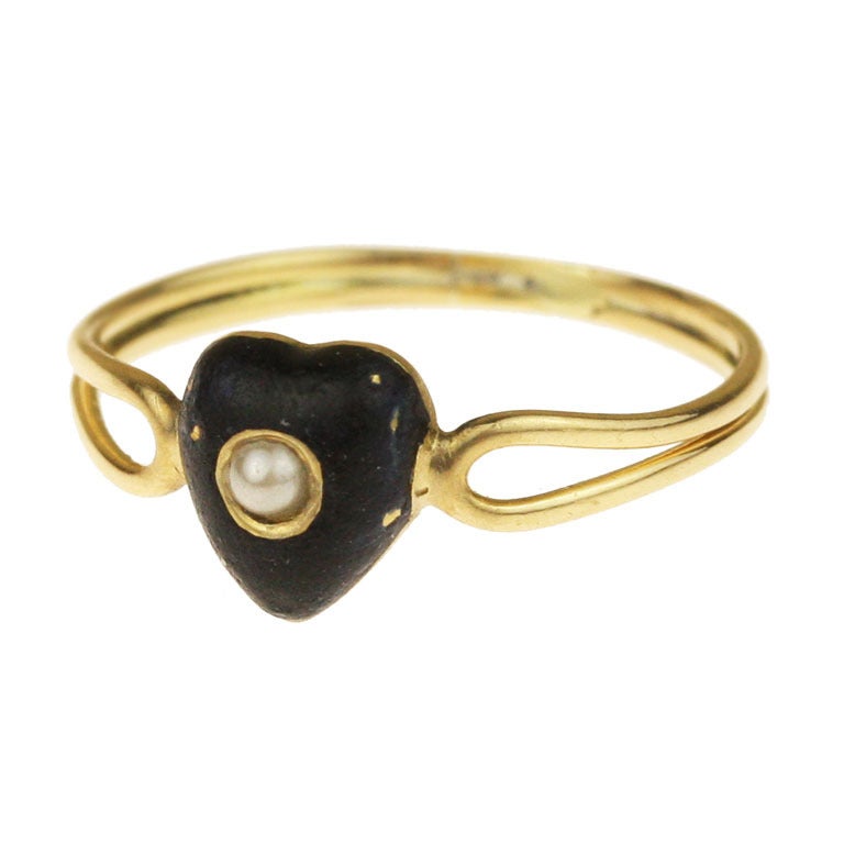 Victorian Black Enamel, Seed Pearl and Gold Mourning Ring For Sale
