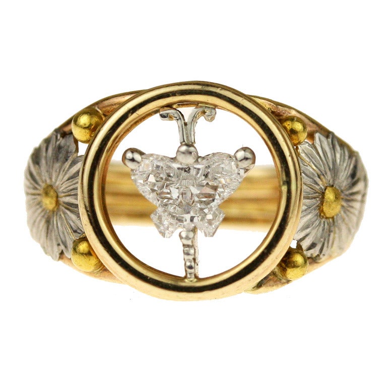 Diamond, Gold and Platinum Butterfly Ring For Sale