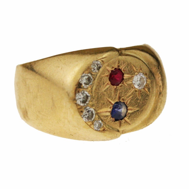 - Star and Moon Ring
- Handmade by master goldsmith, William L. Howard
- 14k yellow gold, .08 carat round brilliant-cut  ruby, .08 carat round brilliant-cut sapphire, .20 carats round brilliant-cut diamonds, for a total gem weight of .36