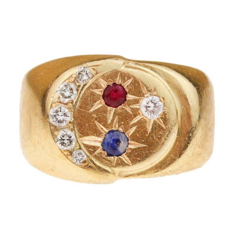 Diamond, Sapphire, Ruby and Gold Ring For Sale