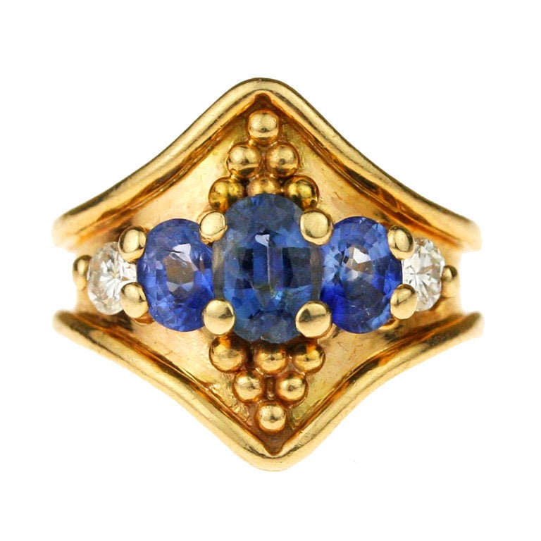 Sapphire Diamond Gold Five Stone Ring For Sale