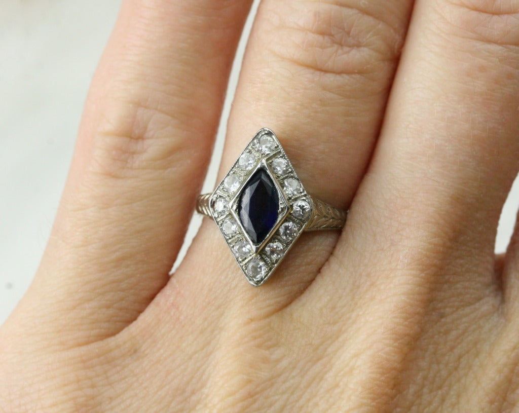 Art Deco Diamond and Sapphire White Gold Ring For Sale 1