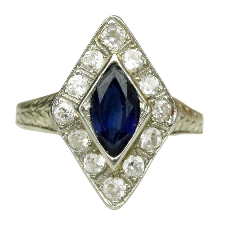 Art Deco Diamond and Sapphire White Gold Ring For Sale