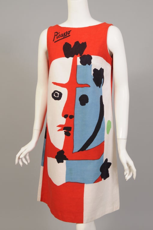 White Stag acquired the exclusive rights to reproduce some of Picasso's work on their clothing made in the early 1960's. This cotton A-line dress dates to 1963 and bears the image of a clown from his 