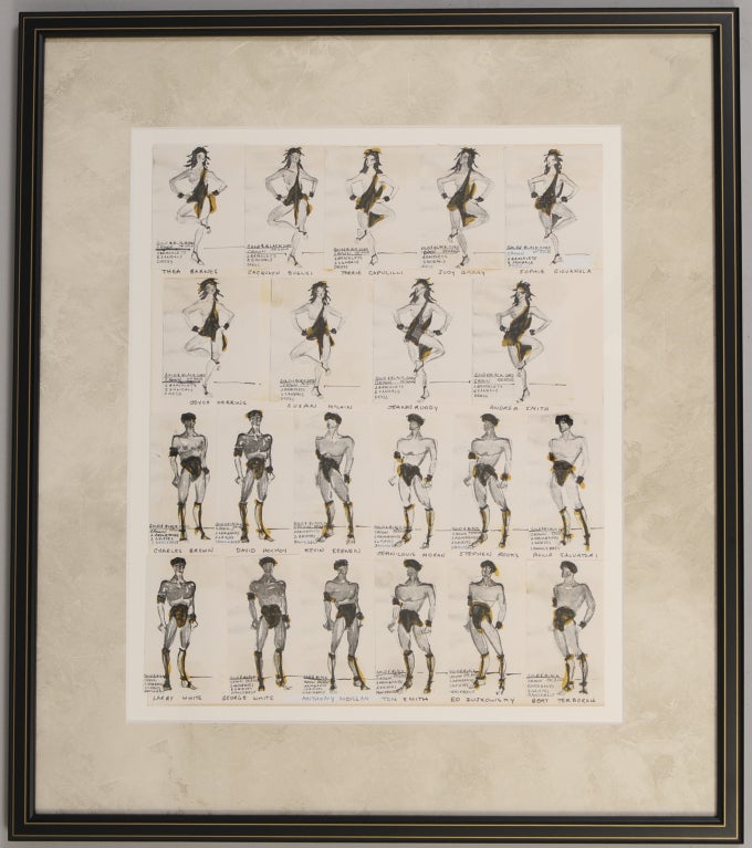 This piece includes 21 Halston drawings for costumes worn by dancers in the Martha Graham production of Dancers of the Golden Hall in 1982. There are nine female dancers and 12 male dancers, all named below the drawing. All of the drawings are in
