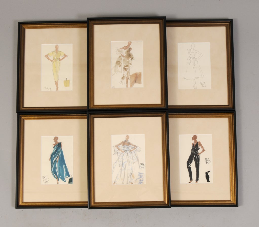 This is a rare set of six Joe Eula fashion sketches, of Halston fashions, complete with an attached fabric swatch. These pieces are from the estate of Martha Graham, a close personal friend of Halston. He designed the costumes for some of her