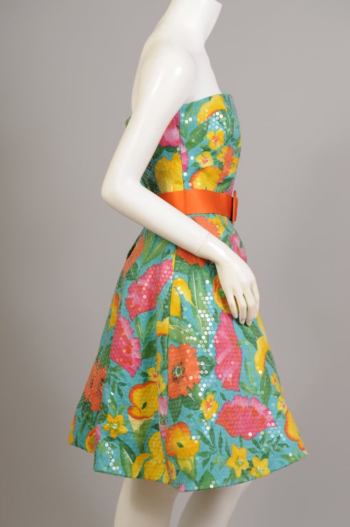 Orange Arnold Scaasi Clear Sequins on a Colorful Floral Dress For Sale