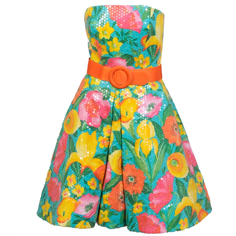 Scaasi Sequin on Floral Dress For Sale at 1stdibs