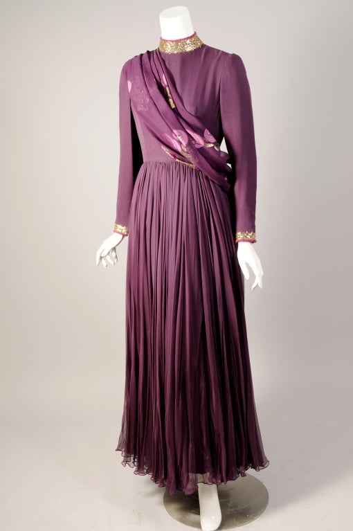 Brown 1970's George Halley Beaded Aubergine Silk Chiffon Evening Dress  For Sale