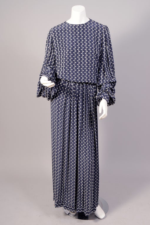Bill Blass Navy and White Polka Dot Dress with Beaded Pin Stripes