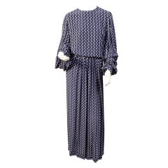 Vintage Bill Blass Navy and White Polka Dot Dress with Beaded Pin Stripes