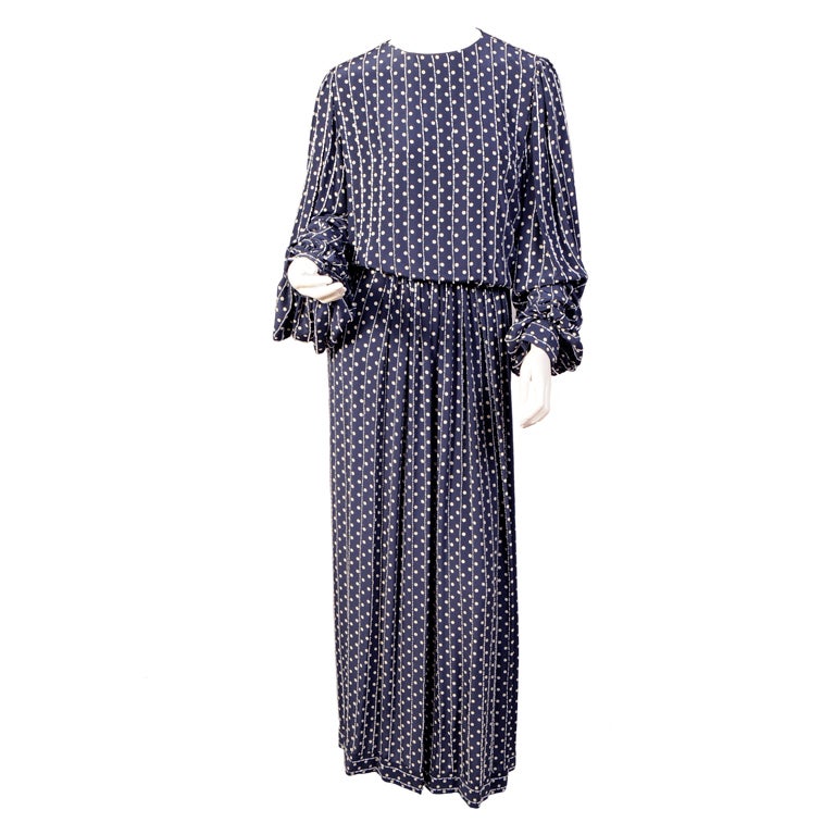 Bill Blass Navy and White Polka Dot Dress with Beaded Pin Stripes