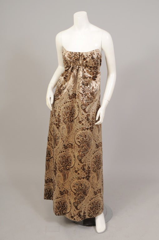 Brown 1960's Pauline Trigere Strapless Empire Gown Voided Velvet Silk Satin