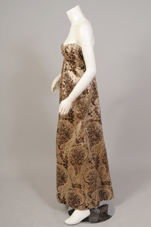 Women's 1960's Pauline Trigere Strapless Empire Gown Voided Velvet Silk Satin