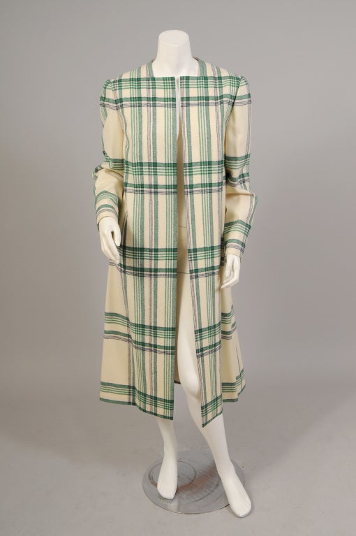 Beige Pauline Trigere Green, Cream and Black Blanket Plaid Coat