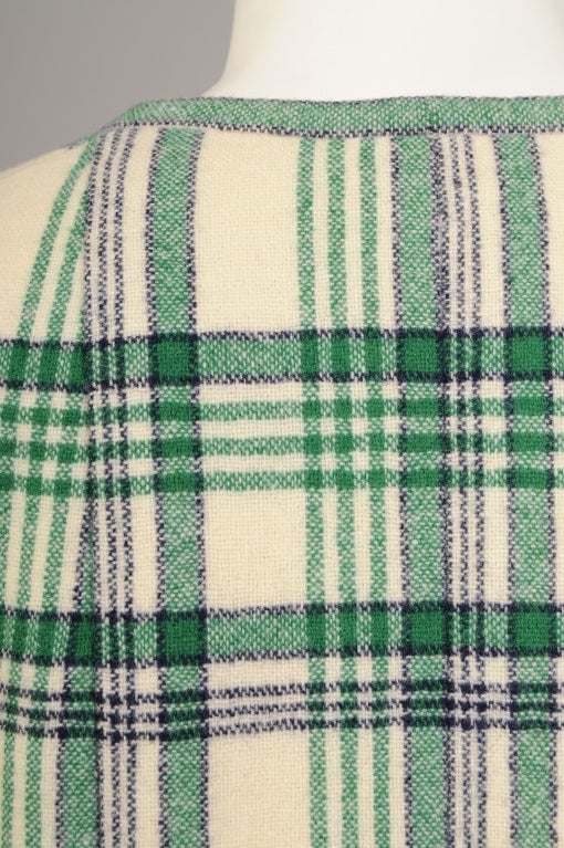 Pauline Trigere Green, Cream and Black Blanket Plaid Coat 1