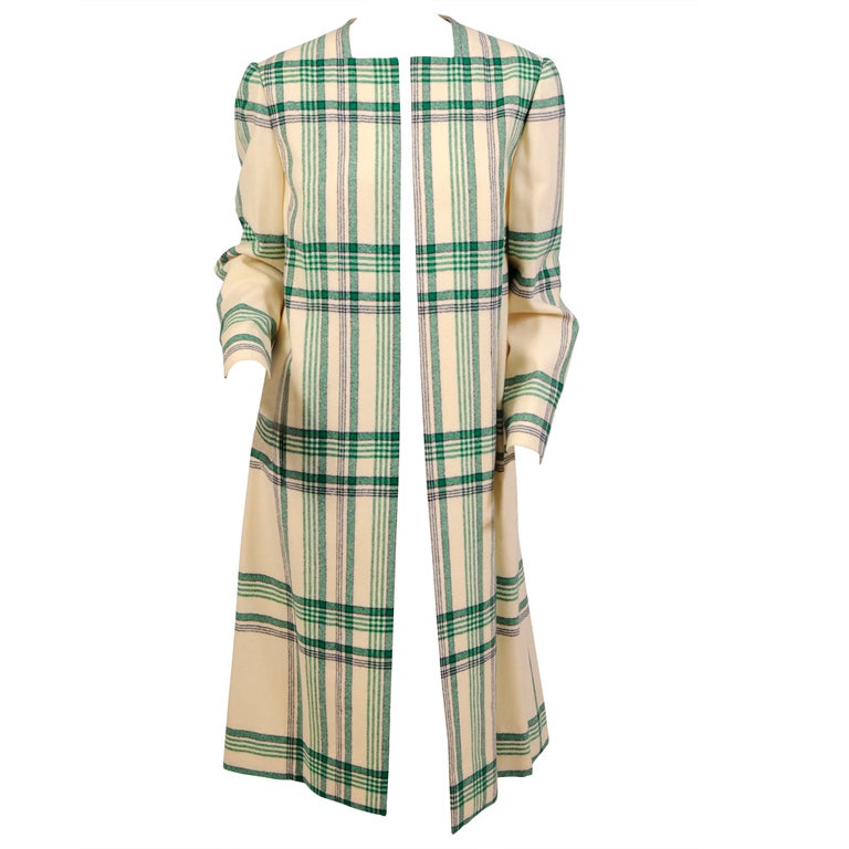 Pauline Trigere Green, Cream and Black Blanket Plaid Coat