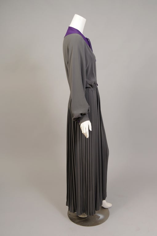 Black James Galanos Charcoal Grey Silk Dress, Slit to the Waist, Purple Silk Accents