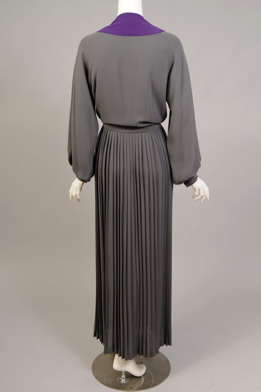 James Galanos Charcoal Grey Silk Dress, Slit to the Waist, Purple Silk Accents In Excellent Condition In New Hope, PA