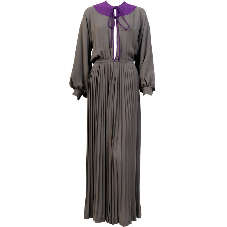 James Galanos Charcoal Grey Silk Dress, Slit to the Waist, Purple Silk Accents